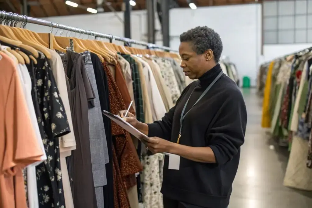 Professional inspecting clothing samples in a fashion showroom