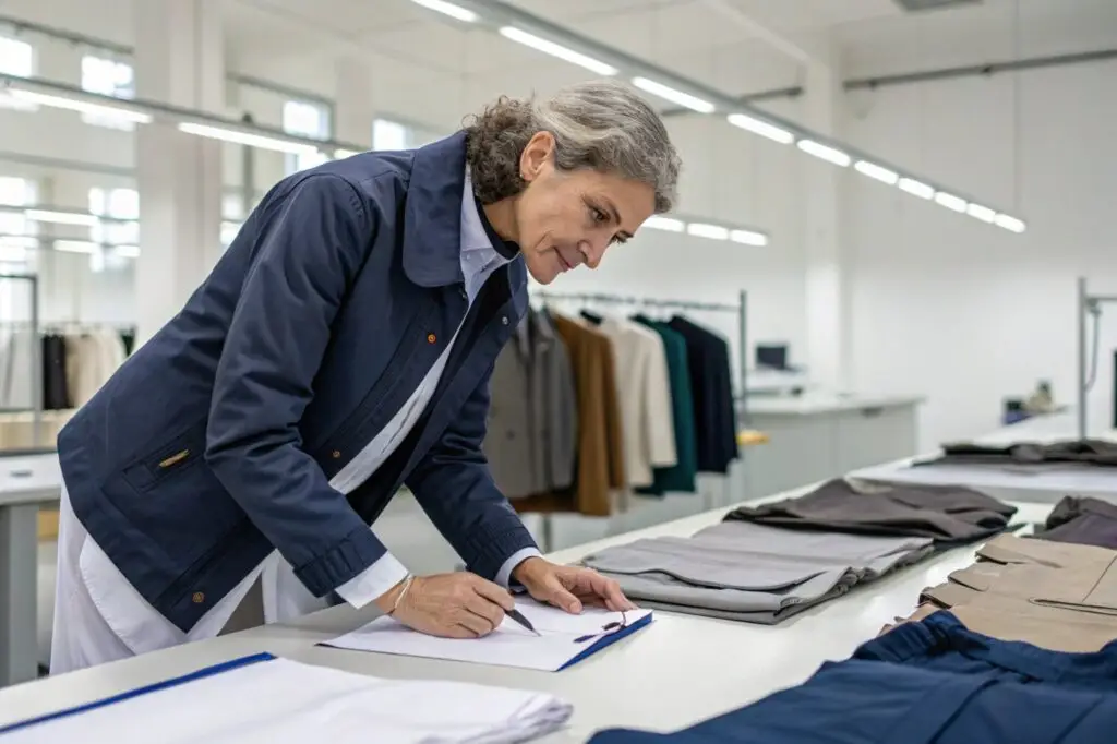 Professional inspecting bulk clothing samples in a bright workspace