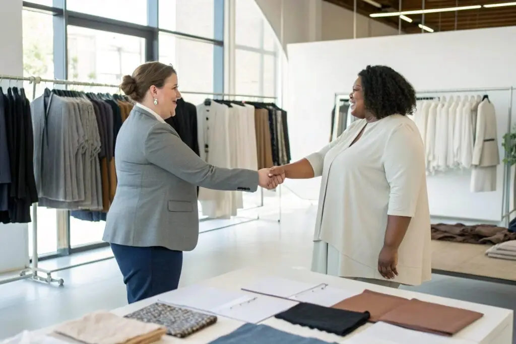 Buyer and supplier shaking hands in fashion showroom