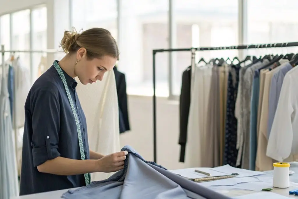 Designer inspecting garment fabric in bright studio