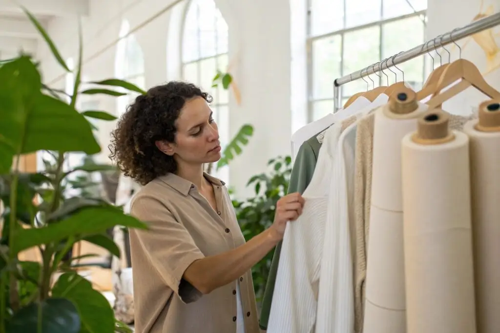 Buyer checking fabric in a bright clothing design studio