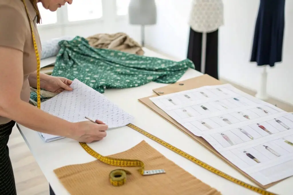 Fashion buyer reviewing size charts and fabrics