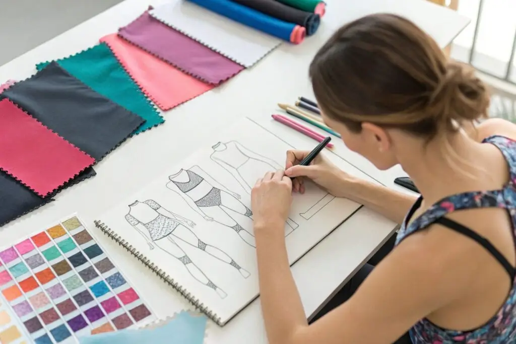 Designer sketching sportswear beside colorful fabric swatches