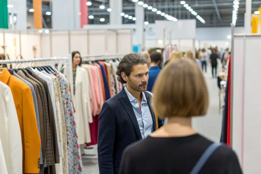 Man exploring fashion trade show with clothing racks