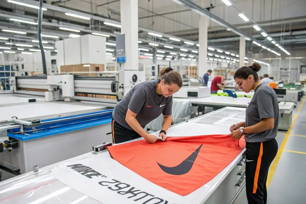Workers handling fabric in a sportswear manufacturing facility, quality inspection process
