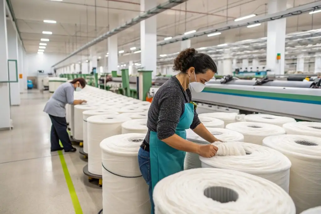 Skilled workers sewing high-quality garments in a modern factory