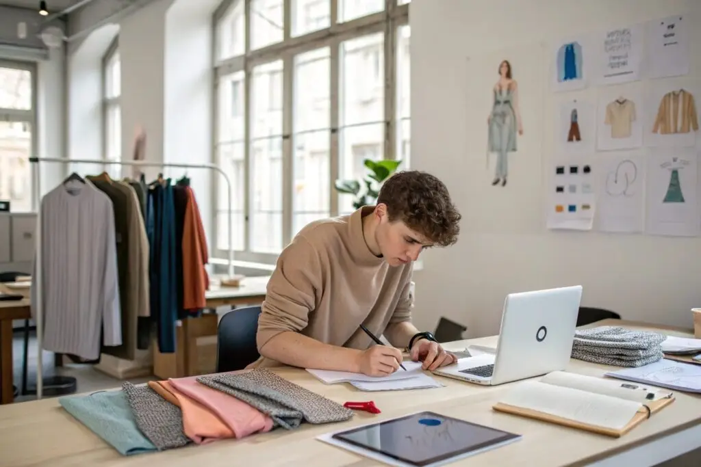 A fashion designer sketching new apparel ideas in a creative workspace