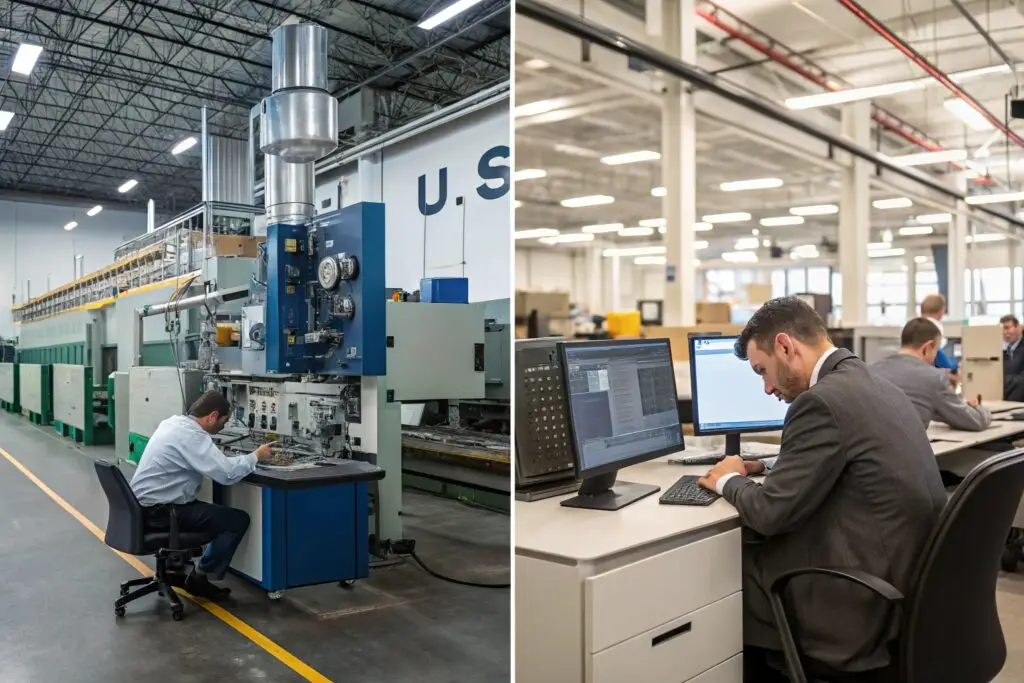 Manufacturing engineer working on machinery and office staff managing production data