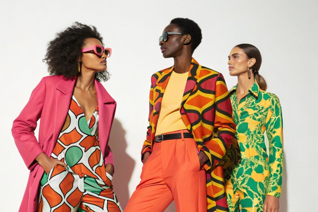 Models in bold, colorful fashion outfits