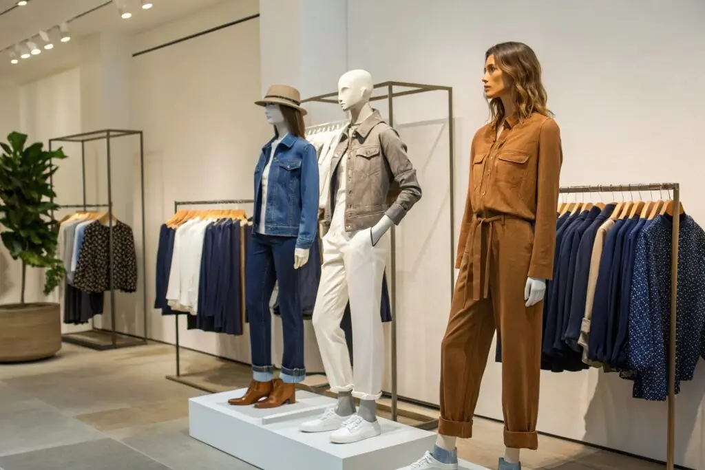 Fashion display in a boutique with mannequins showcasing trendy outfits
