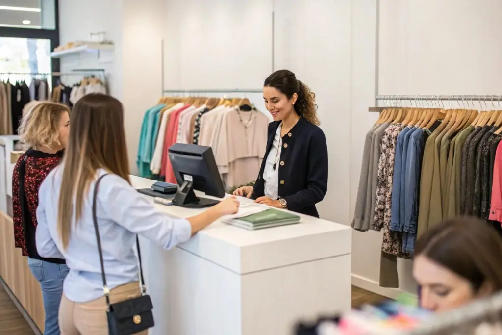 Customers making a purchase at a fashion boutique