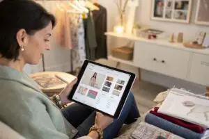 Fashion buyer browsing clothing collections online