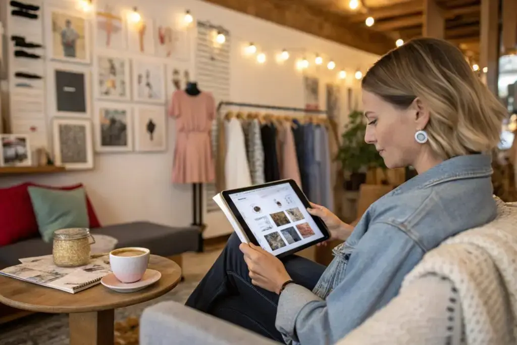 Fashion boutique owner managing online store on tablet