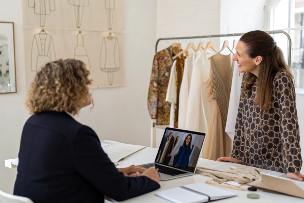 Fashion boutique owner discussing designs with a business partner