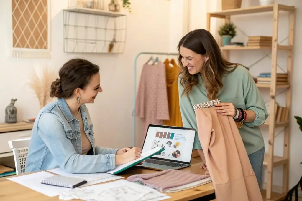 Fashion designers discussing fabric samples in studio