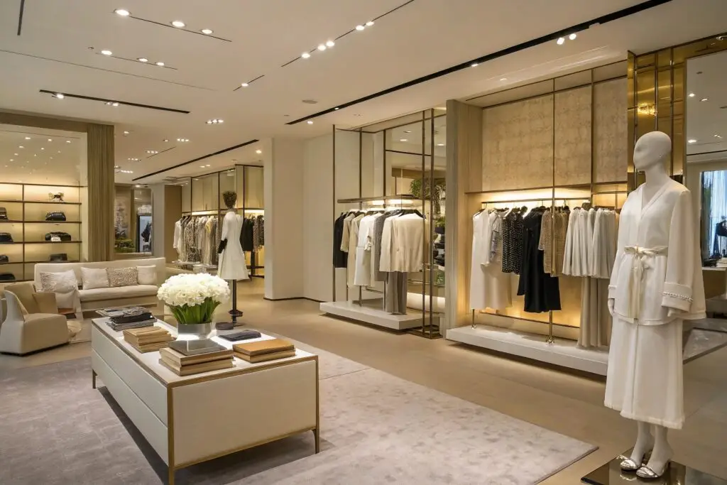 Elegant luxury fashion boutique with stylish apparel displays