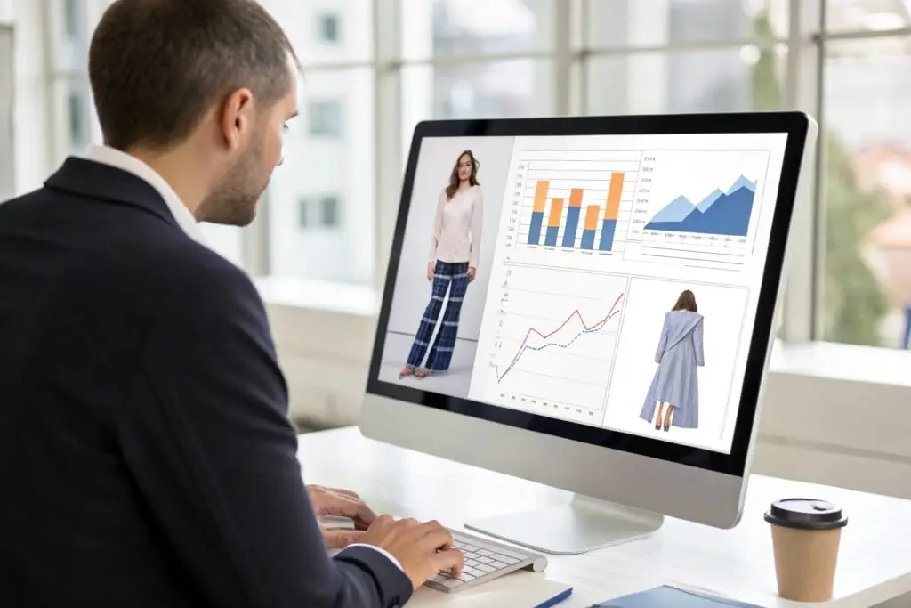 Business professional analyzing fashion sales data on a computer