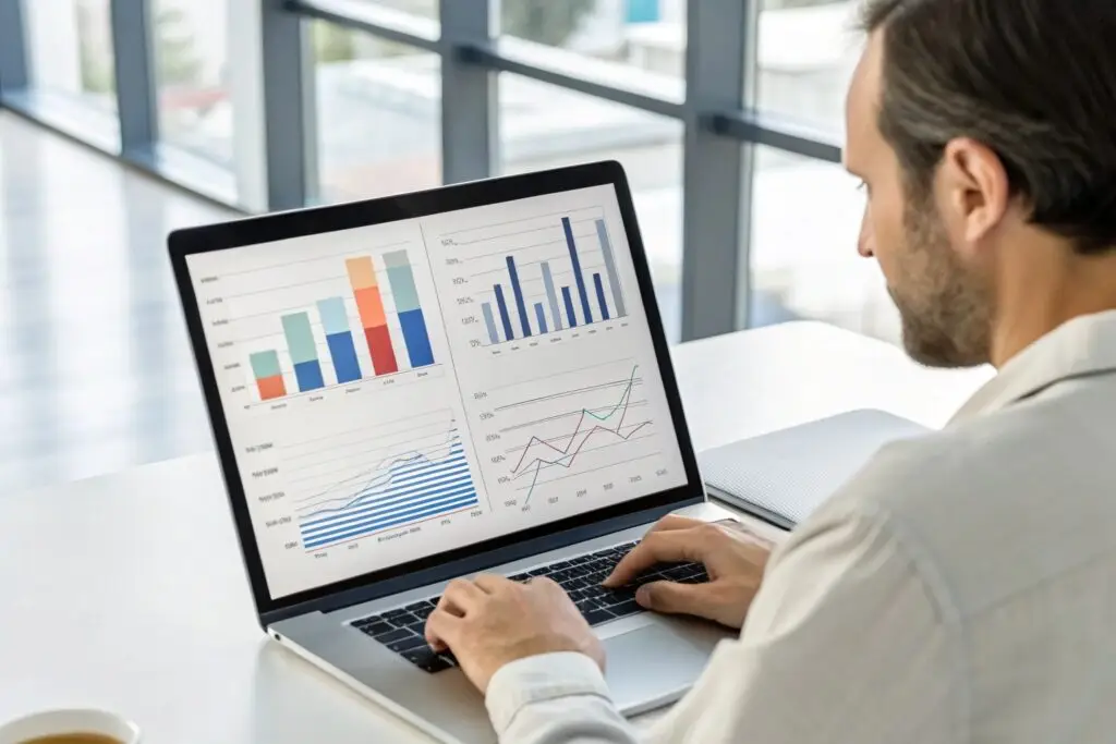 Business analyst reviewing financial growth charts on a laptop