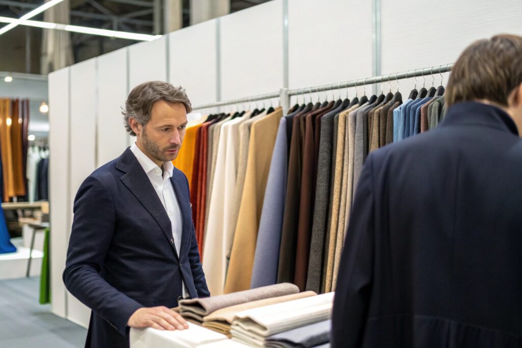 Business owner attending a fabric trade show