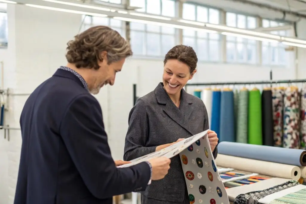 Business owner discussing fabric patterns with a supplier