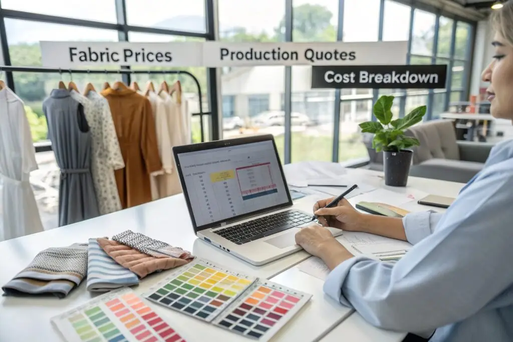 Business owner analyzing fabric costs and production quotes in a modern workspace.