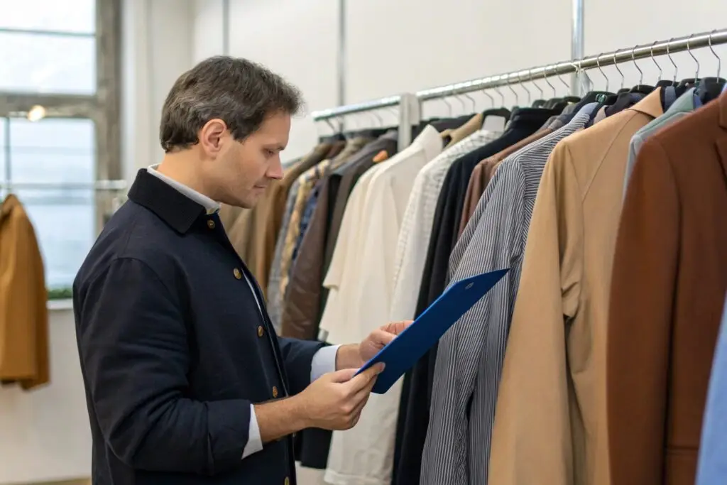 Business owner inspecting clothing