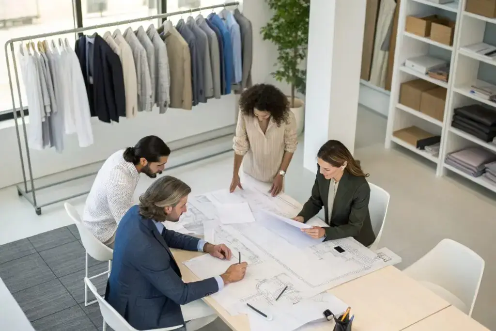 Designers collaborating over blueprints with clothing collection in the background
