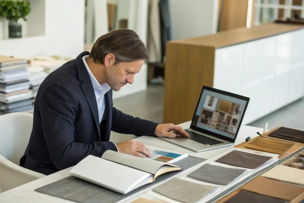 Business owner reviewing fabric swatches and designs on laptop