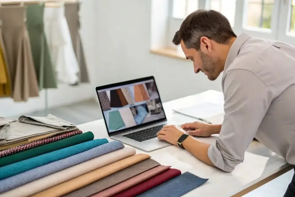 Business owner reviewing fabric options on laptop