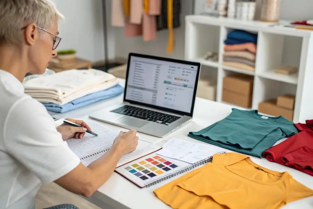 Business owner reviewing apparel inventory with a laptop and fabric samples