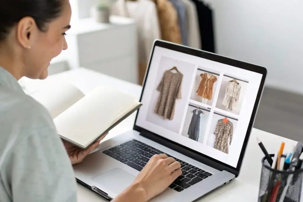 Business owner reviewing dress variations on an online store