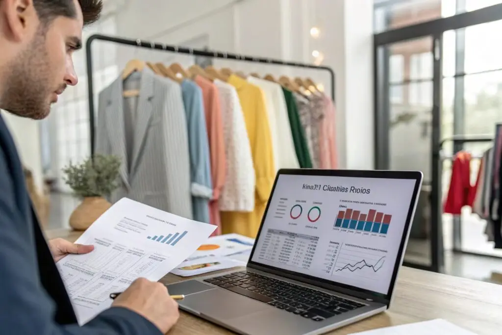 Fashion business owner analyzing sales and market trends