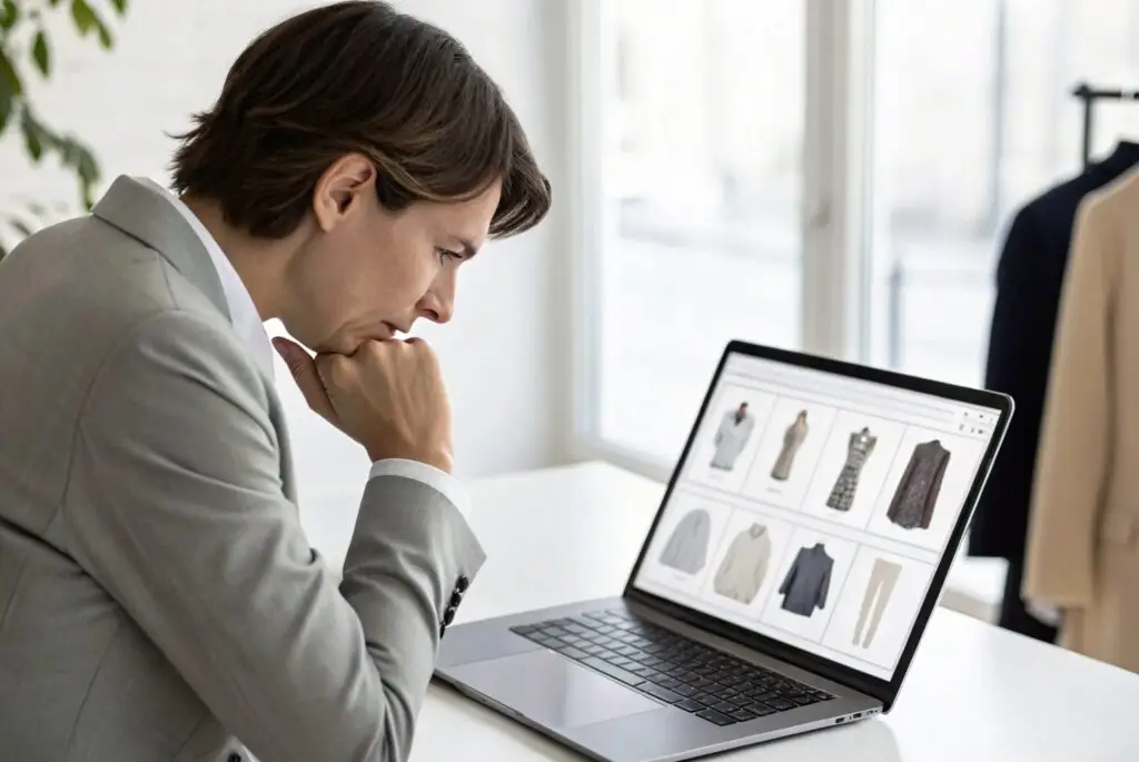 Business professional reviewing clothing collection online