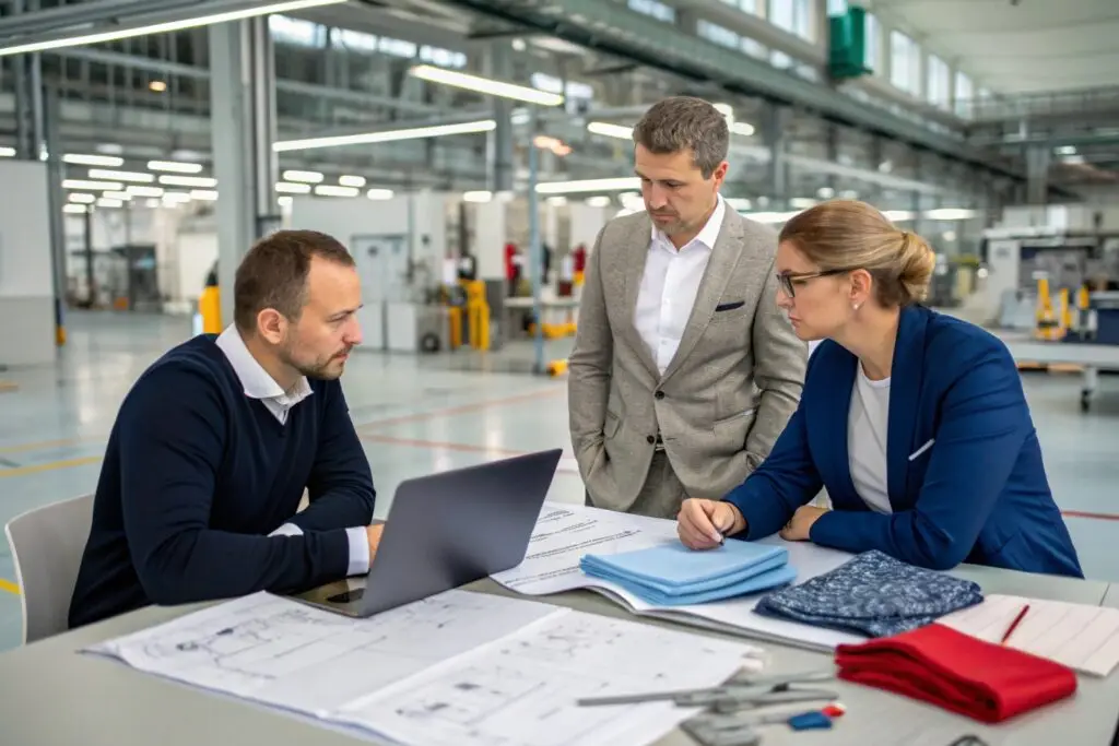 Clothing manufacturers discussing fabric selection and production planning, textile industry meeting