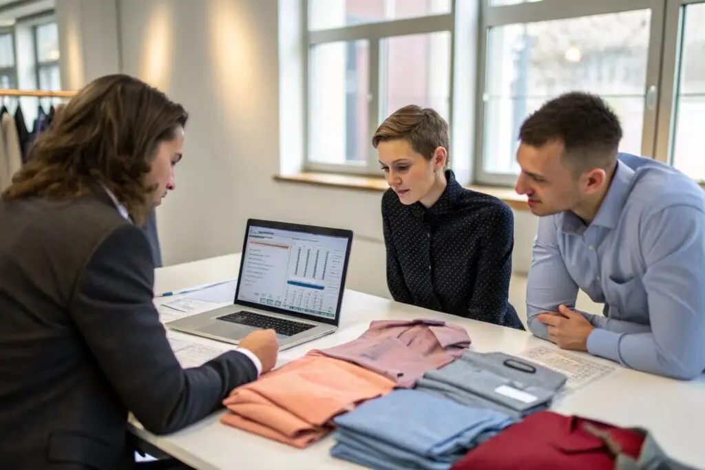 Fashion professionals analyzing clothing orders and sales data