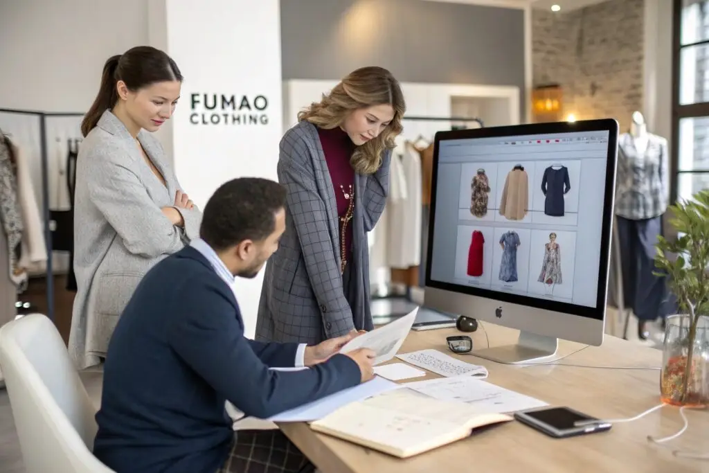Fashion designers reviewing new clothing collection