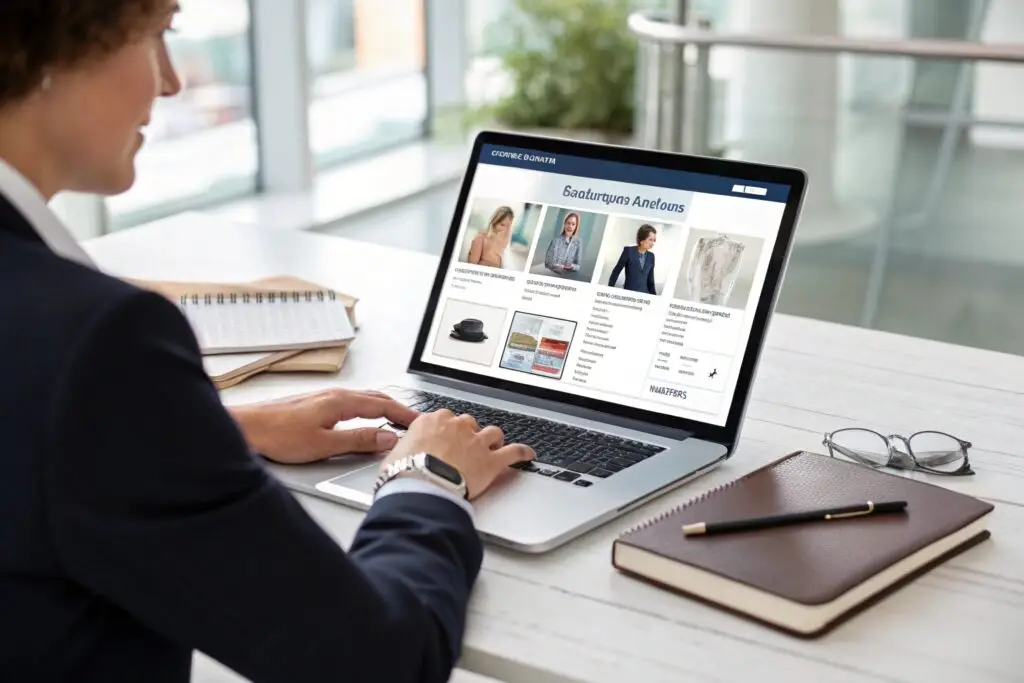 Businesswoman browsing fashion wholesale website on laptop