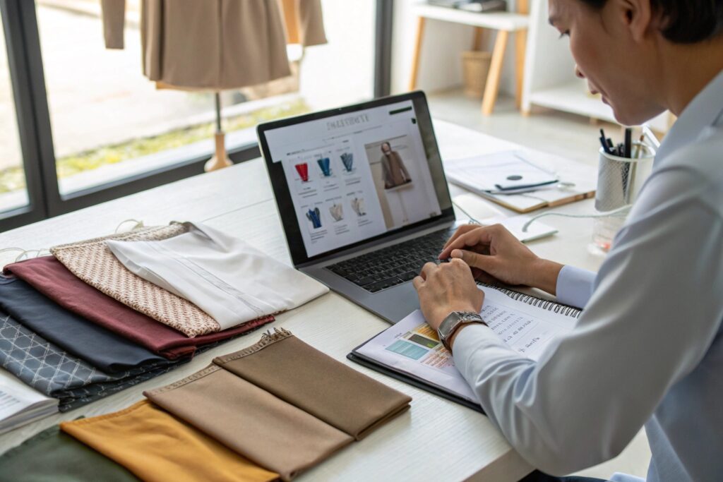 A focused businessperson reviewing a report, emphasizing Fumao's dedication to top-quality wholesale clothing and apparel solutions