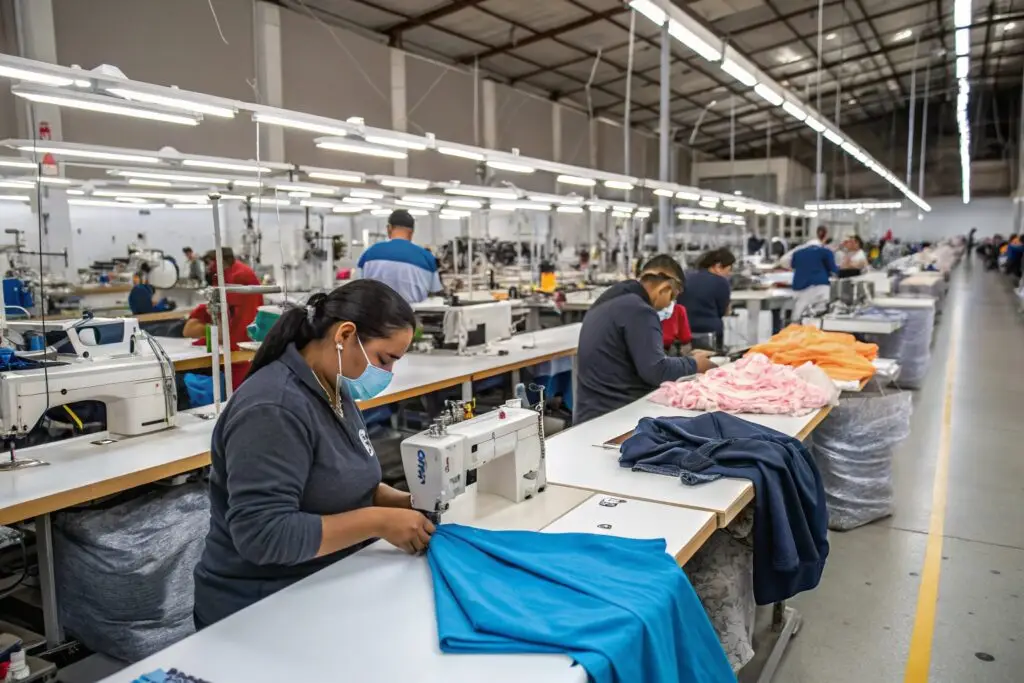 Busy clothing factory with skilled workers sewing garments in a high-efficiency production line.