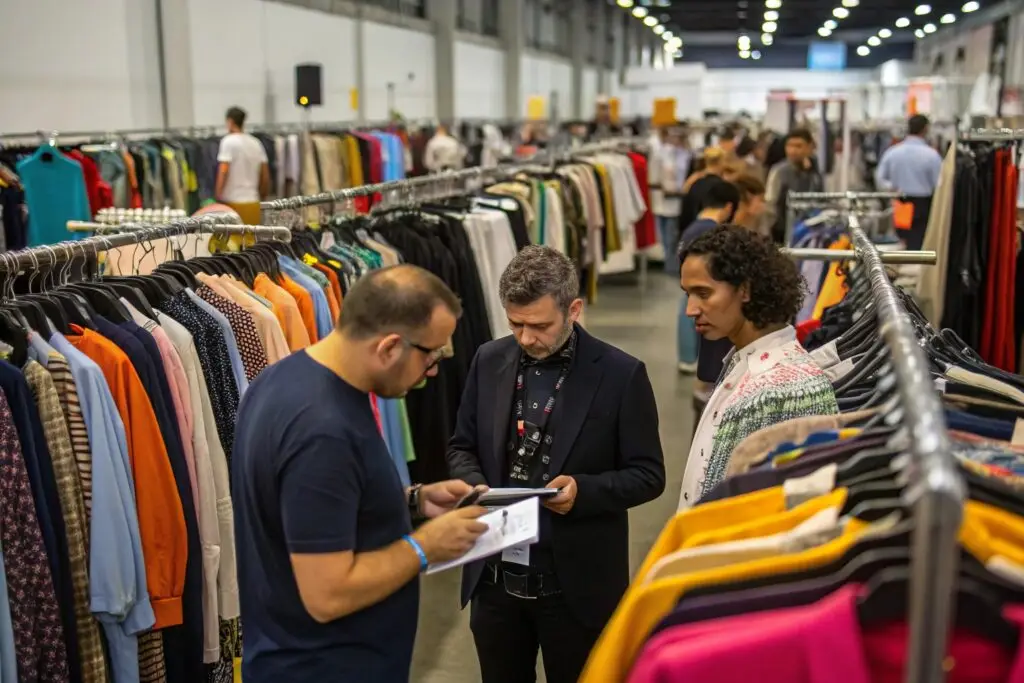 A bustling clothing wholesale warehouse showcasing Fumao's extensive collection of high-quality apparel for global buyers