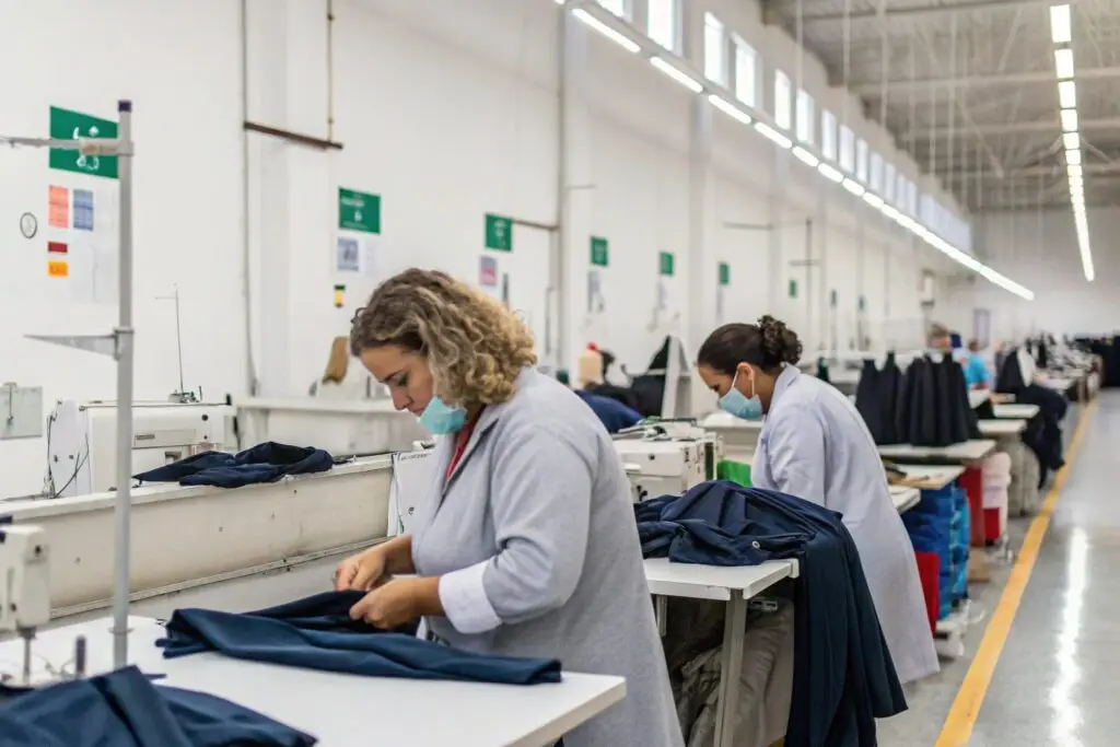 Workers sewing clothing in a factory
