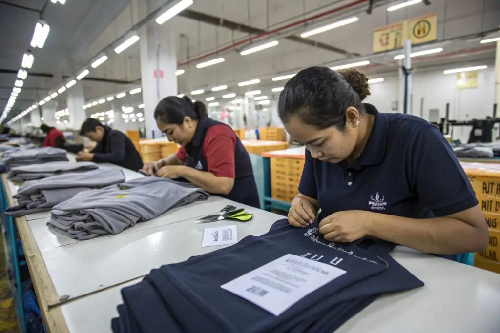 Garment factory workers inspecting and finishing clothing