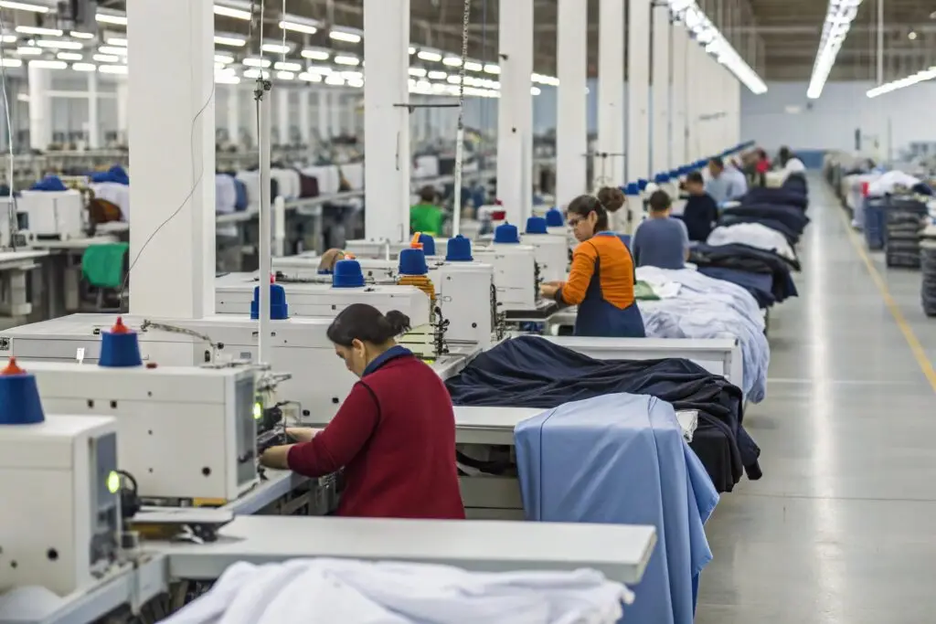 Workers in a clothing factory assembling garments
