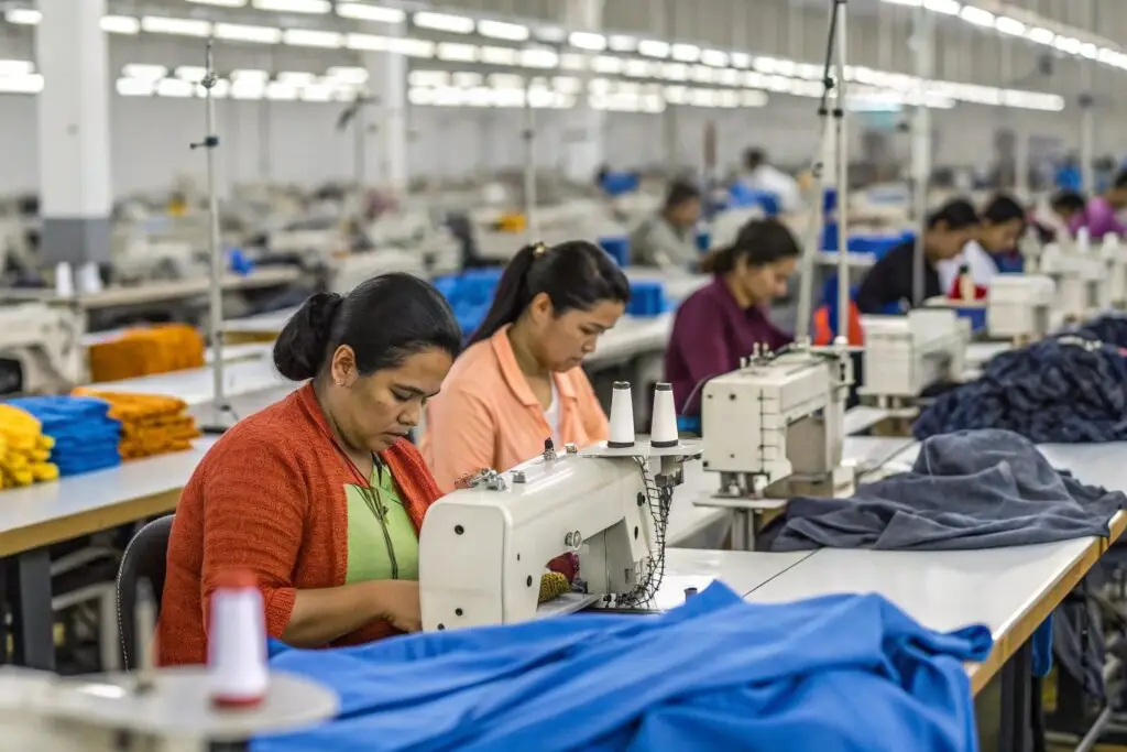 Clothing manufacturing facility with workers sewing garments