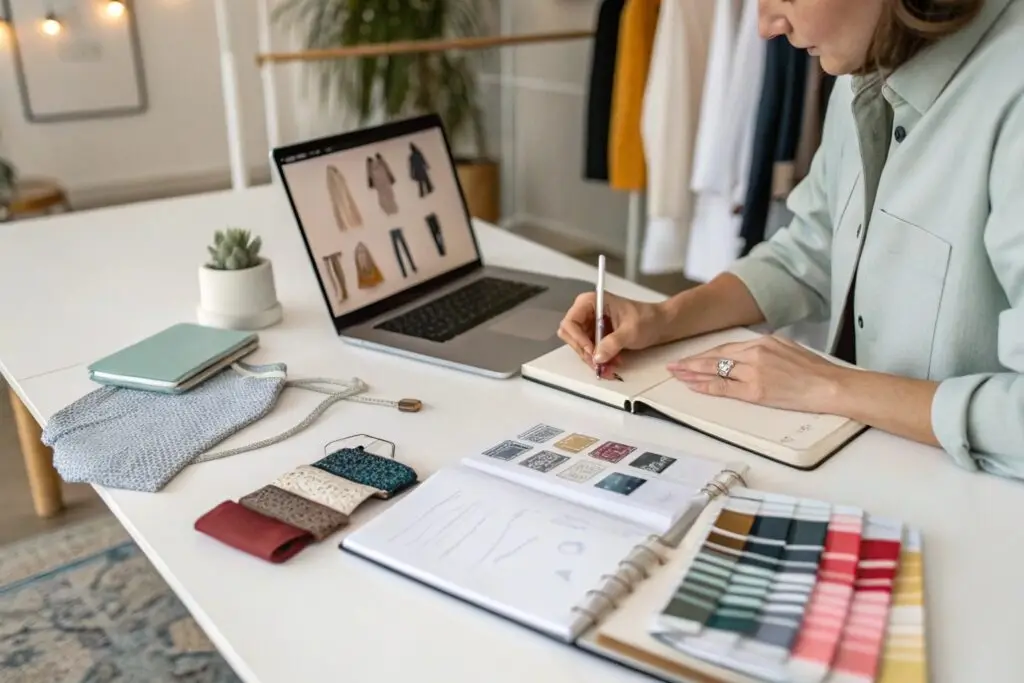 Fashion designer working on clothing collection with fabric samples