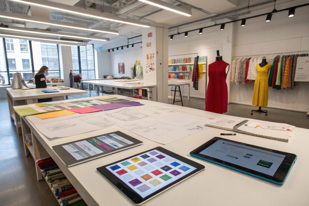Fashion design studio with color swatches and digital tablets