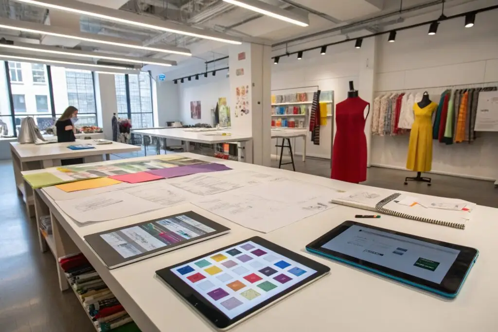 Fashion design studio with color swatches and digital tablets