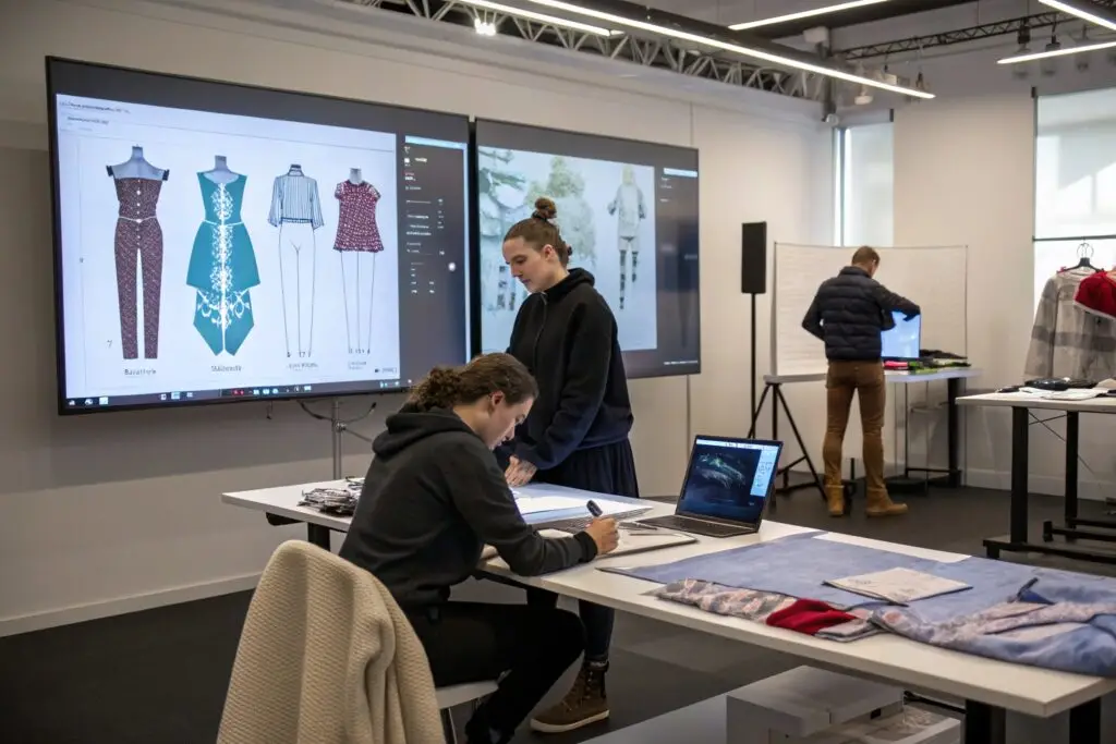 Fashion designers developing digital clothing concepts in a modern workspace