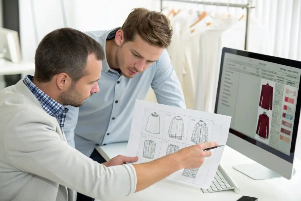 Two designers discussing clothing sketches and designs on a monitor