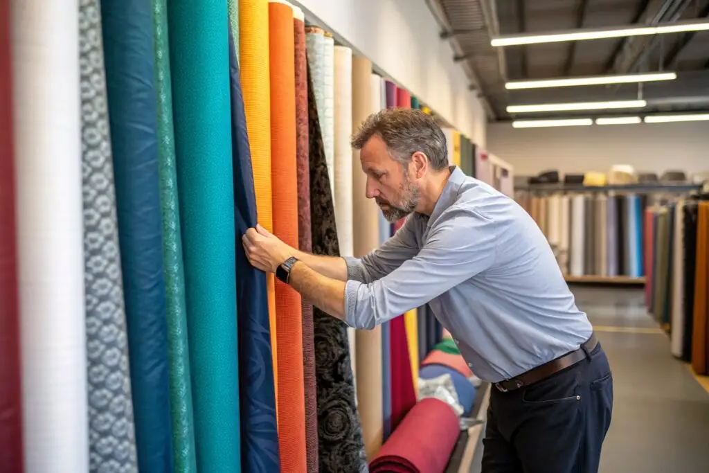 Designer selecting fabric rolls in textile showroom
